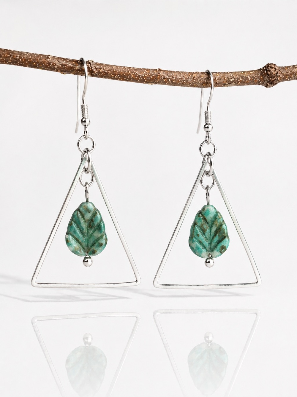 Boho Turquoise Leaf Geometric Dangle Earrings Silver Tone